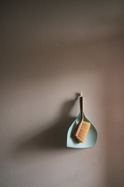 A light blue, irregularly shaped wall hook mounted on a neutral-colored wall in a room, holding a small wooden cleaning brush with stiff bristles and a pink-handled dustpan. The wall surface appears c